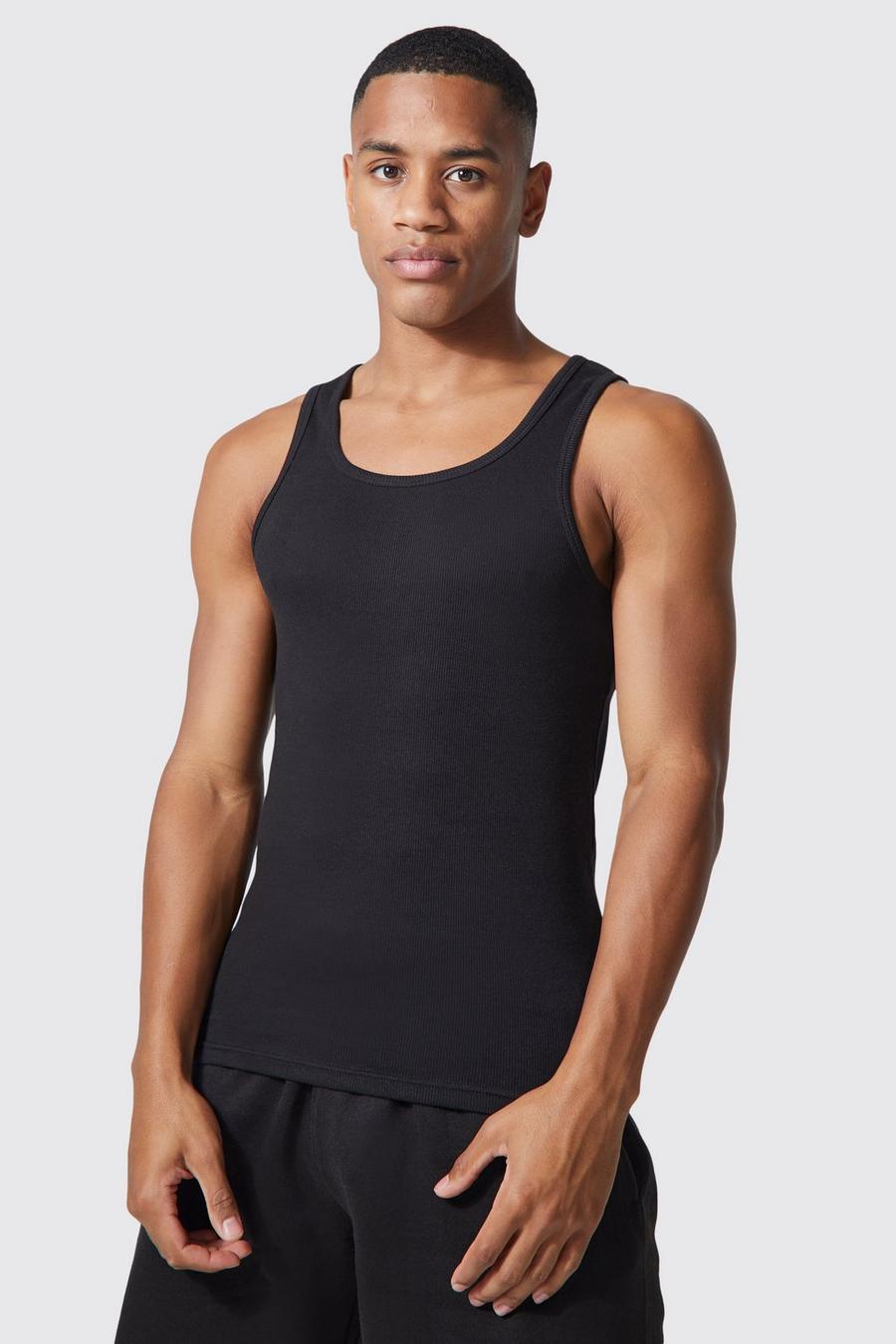 Black Man Active Geribbeld Muscle Fit Fitness Hemd image number 1