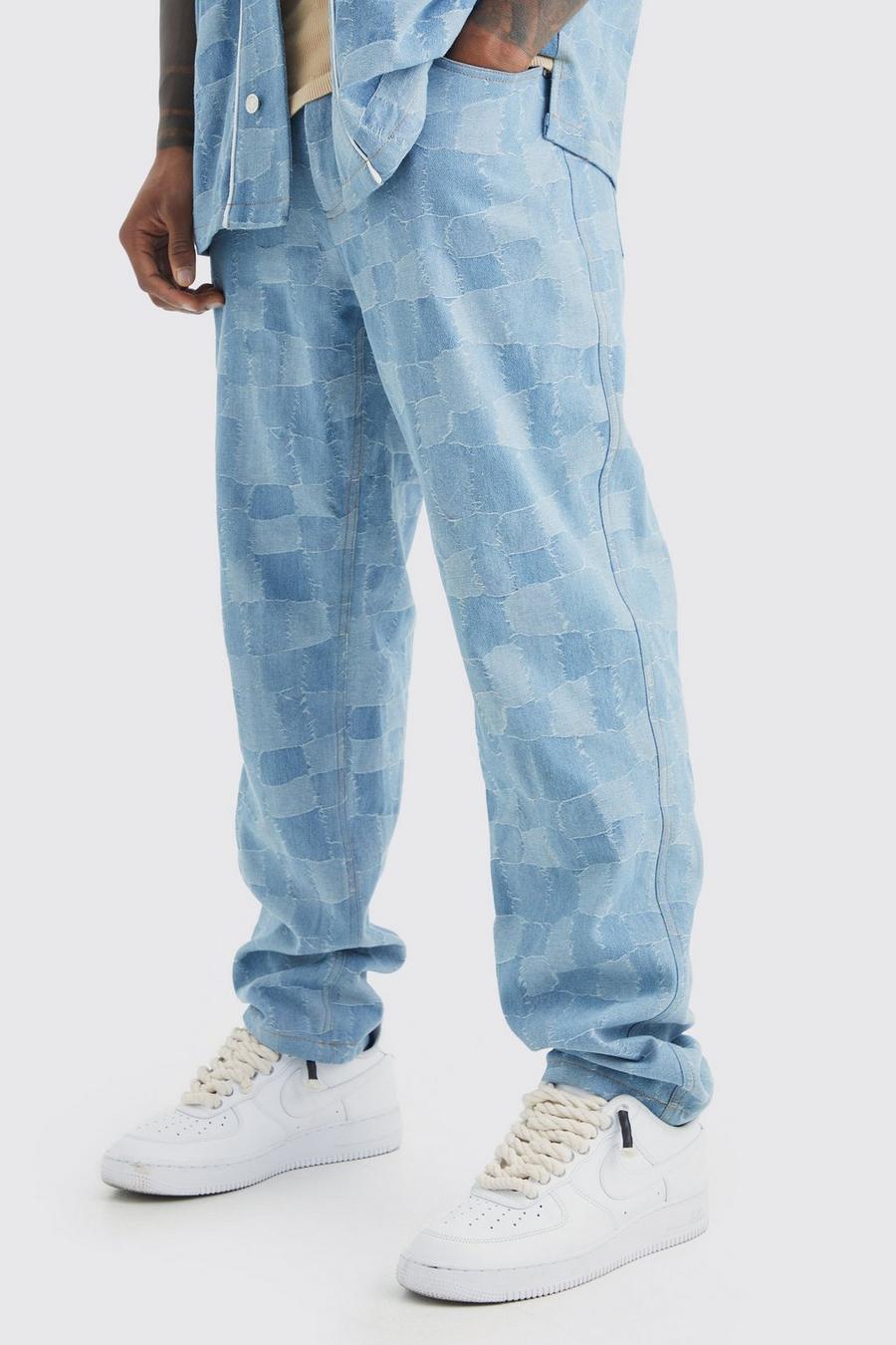 Jeans dritti in jacquard effetto patchwork, Light blue image number 1