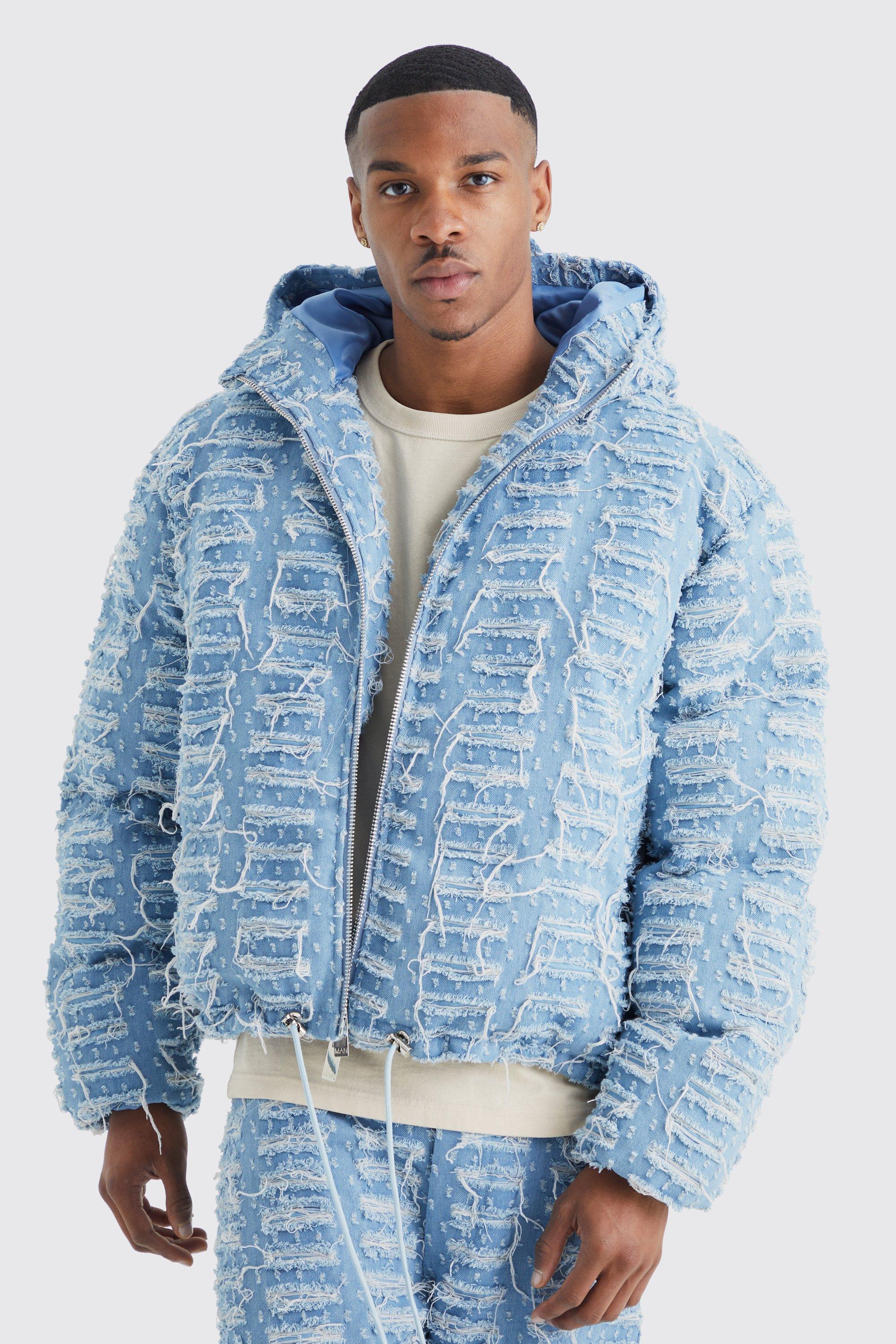 Light blue Boxy Fit Distressed Denim Puffer With Hood