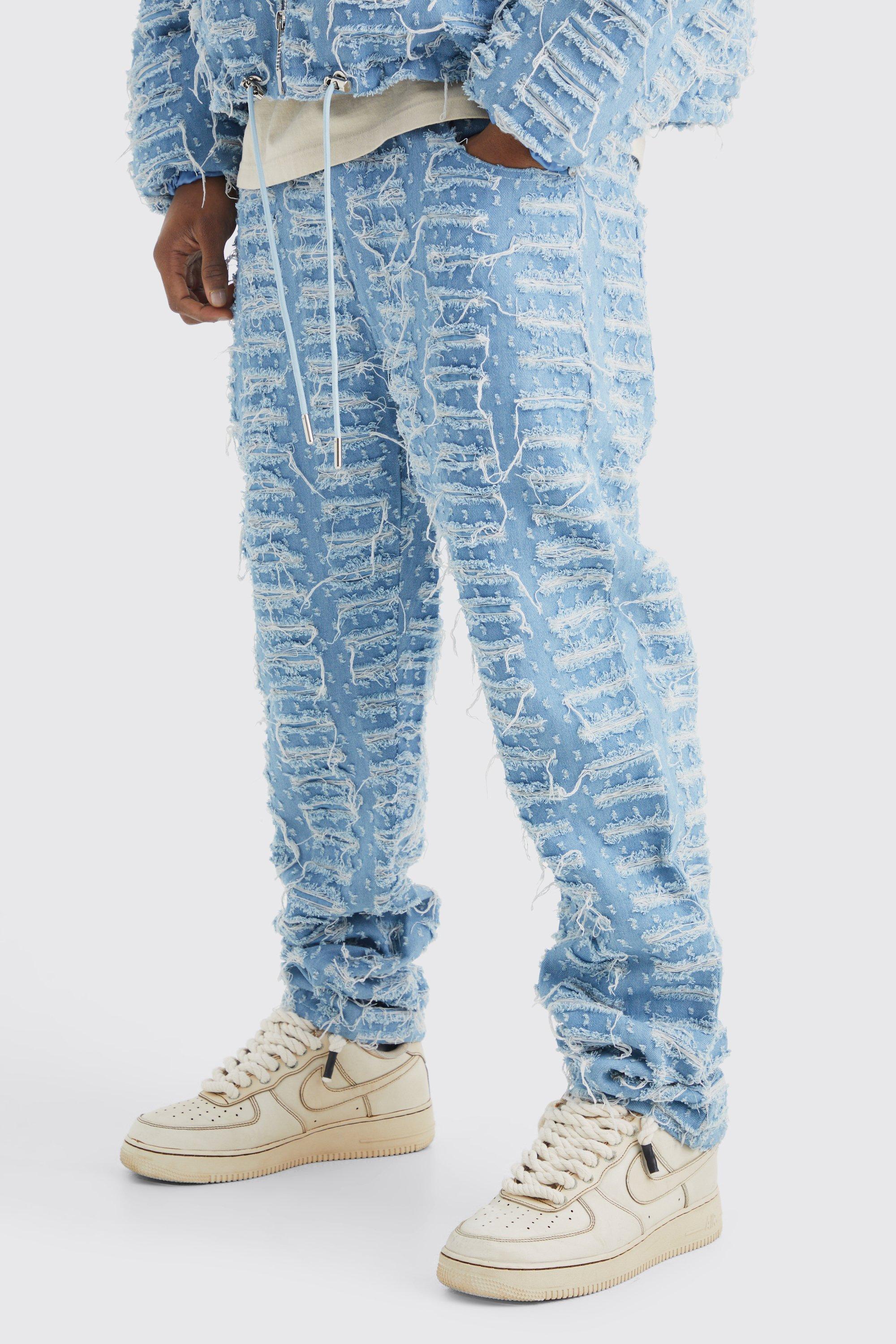 Light blue Straight Fit Distressed Jacquard Denim Jean