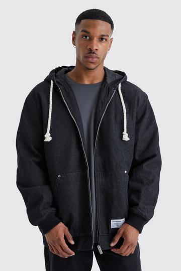 Black Washed Denim Zip Through Hooded Jacket