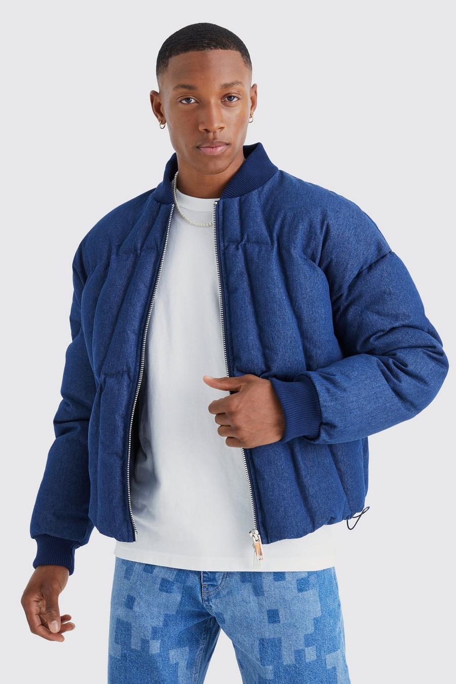 Indigo bleu Boxy Fit Denim Puffer Jacket With Bomber Neck