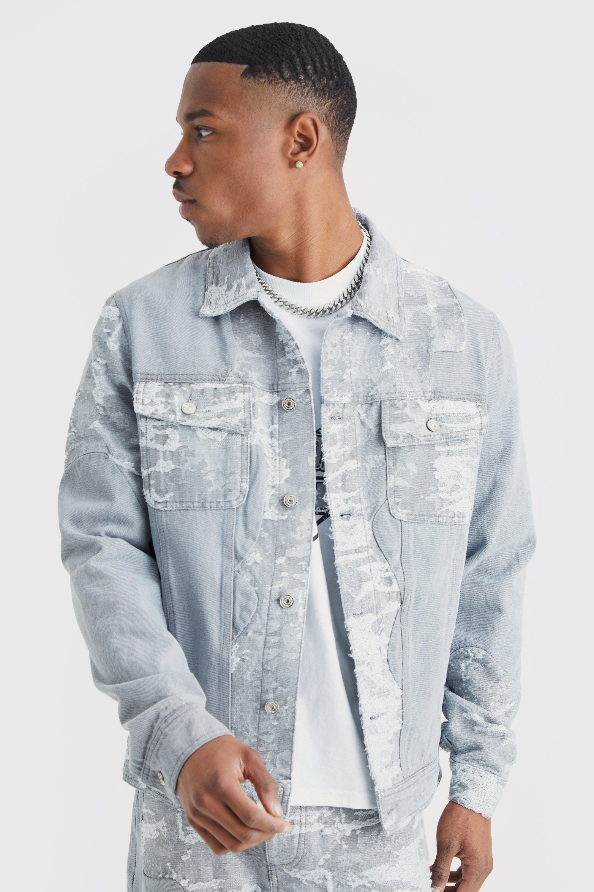 Light grey Regular Fit Spliced Jacquard And Denim Jacket