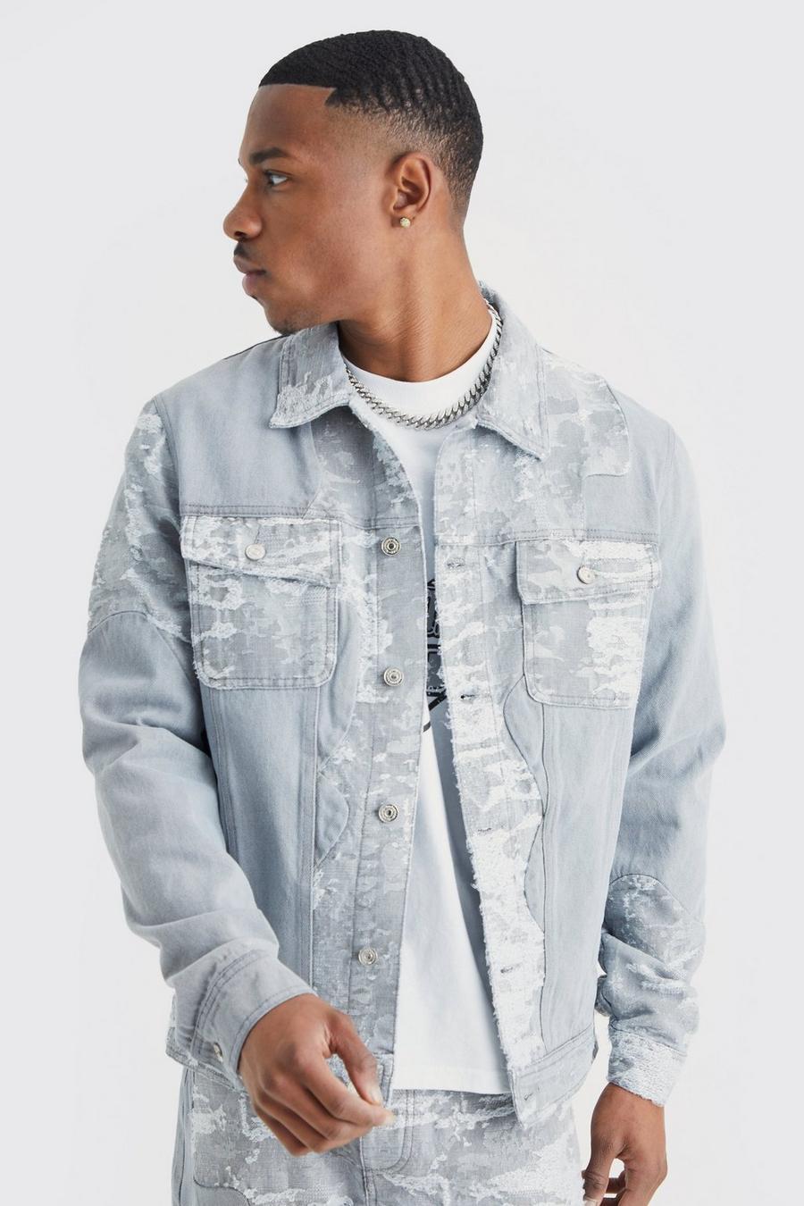 Veste en jean bicolore à motif jacquard, Light grey image number 1