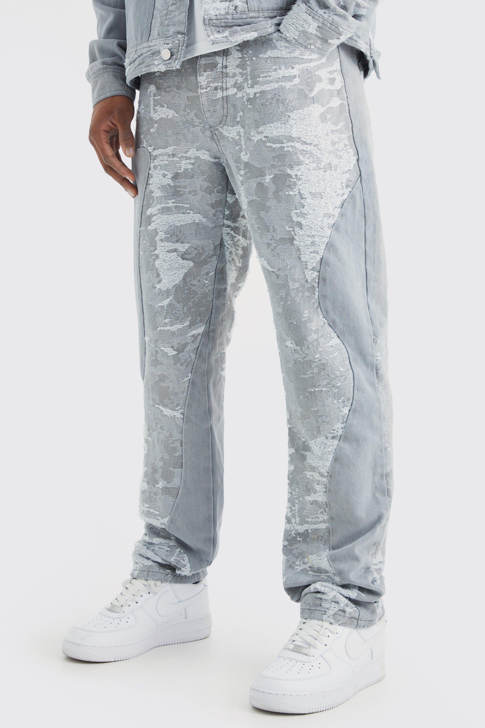 Light grey Straight Fit Spliced Jacquard And Denim Jean