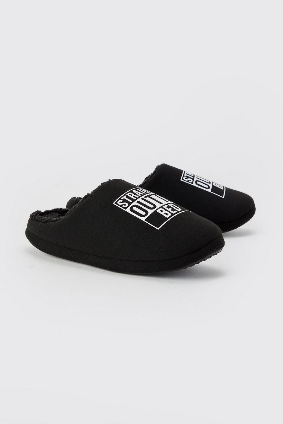 Black Straight Outta Bed Print Slippers image number 1