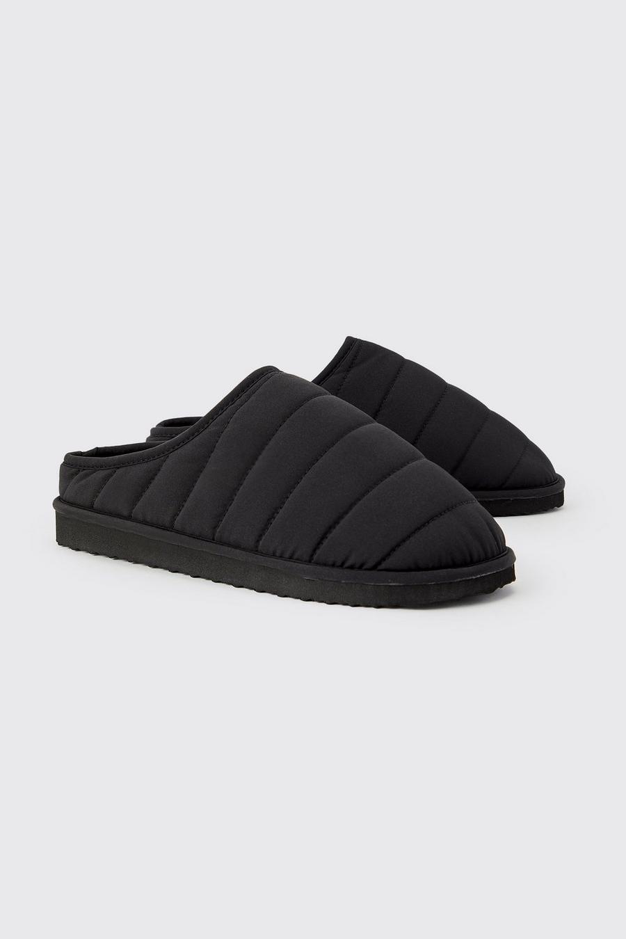 Black Nylon Quilted Slippers