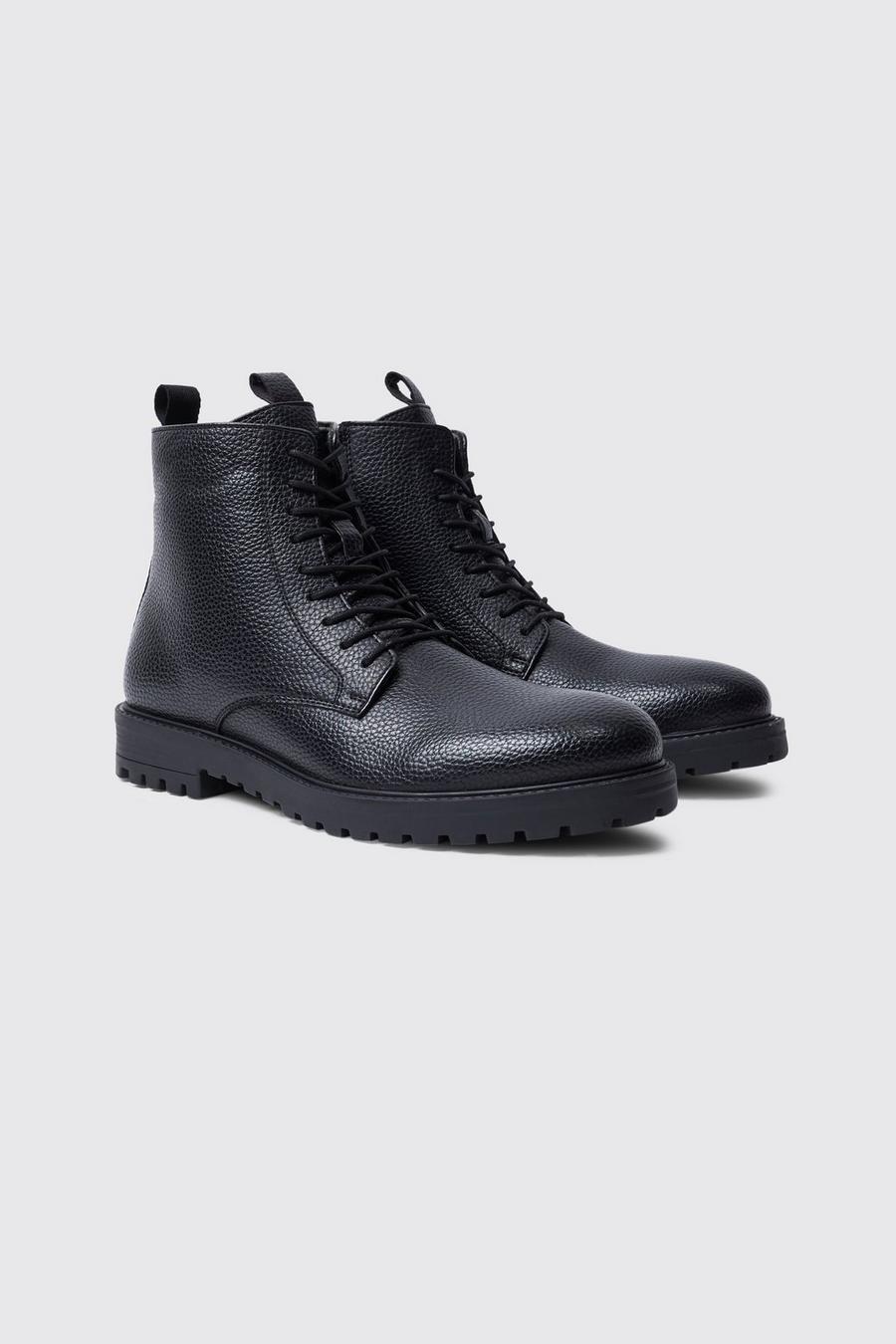 Black Faux Leather Lace Up Boots image number 1