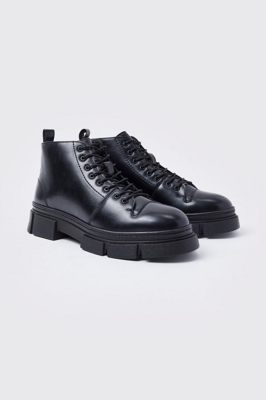 Black negro Faux Leather Chunky Sole Boots