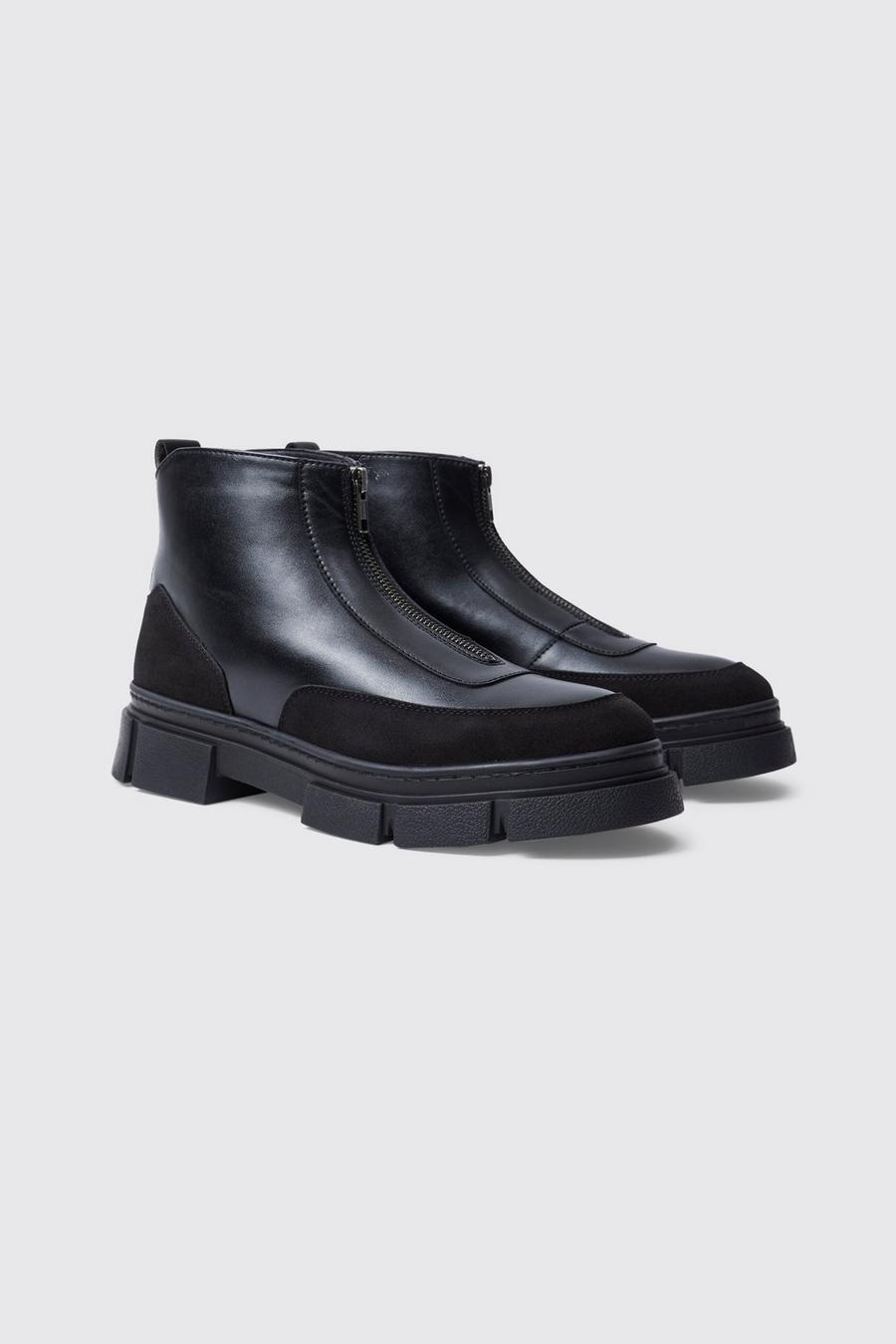 Black negro Panel Detail Faux Leather Zip Boots