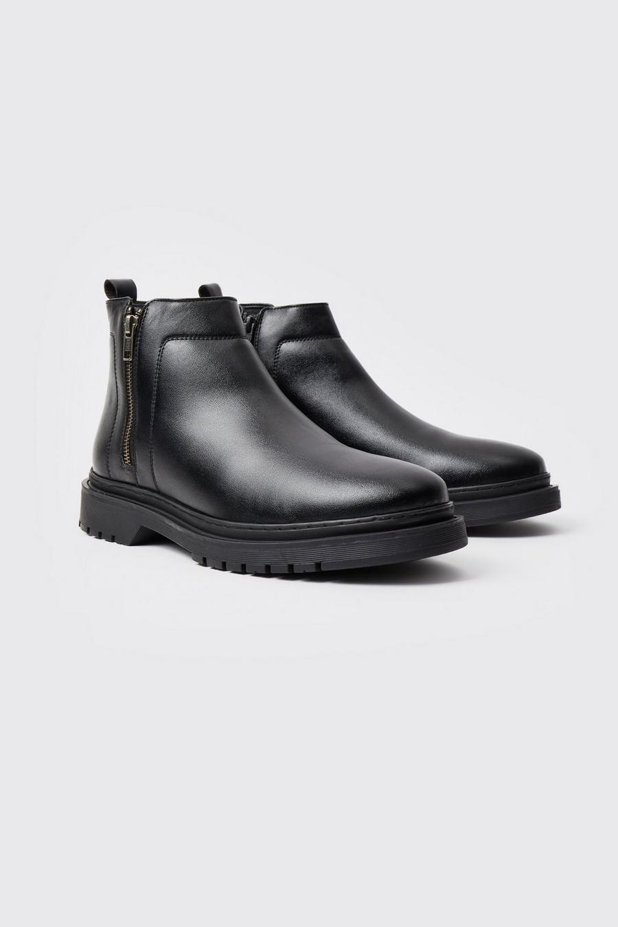 Black svart Zip Detail Faux Leather Boots