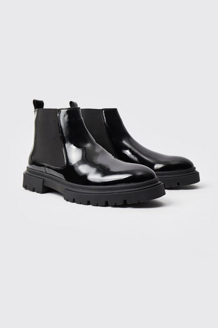 Black Patent Chelsea Boots With Track Sole