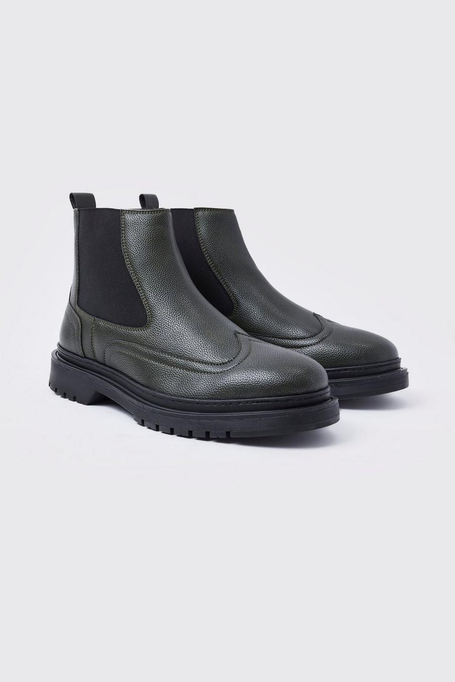 Khaki Faux Leather Chelsea Boots With Track Sole
