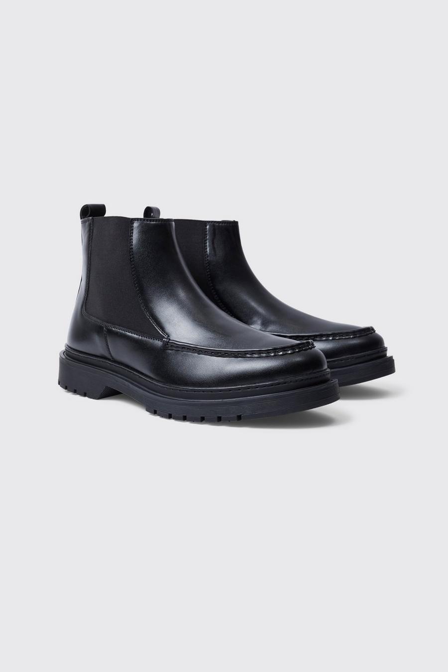 Black Apron Front Chelsea Boots With Track Sole