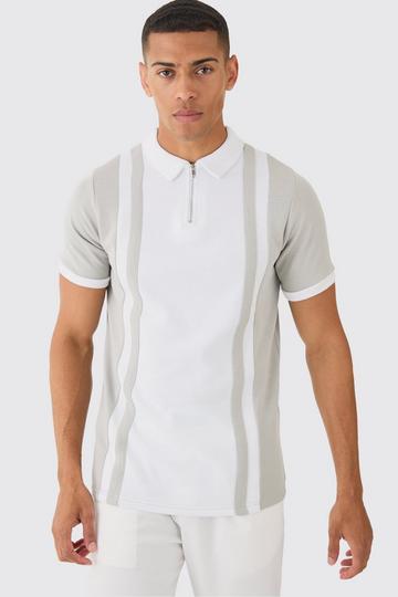 White Slim Panelled Zip Neck Interlock Polo