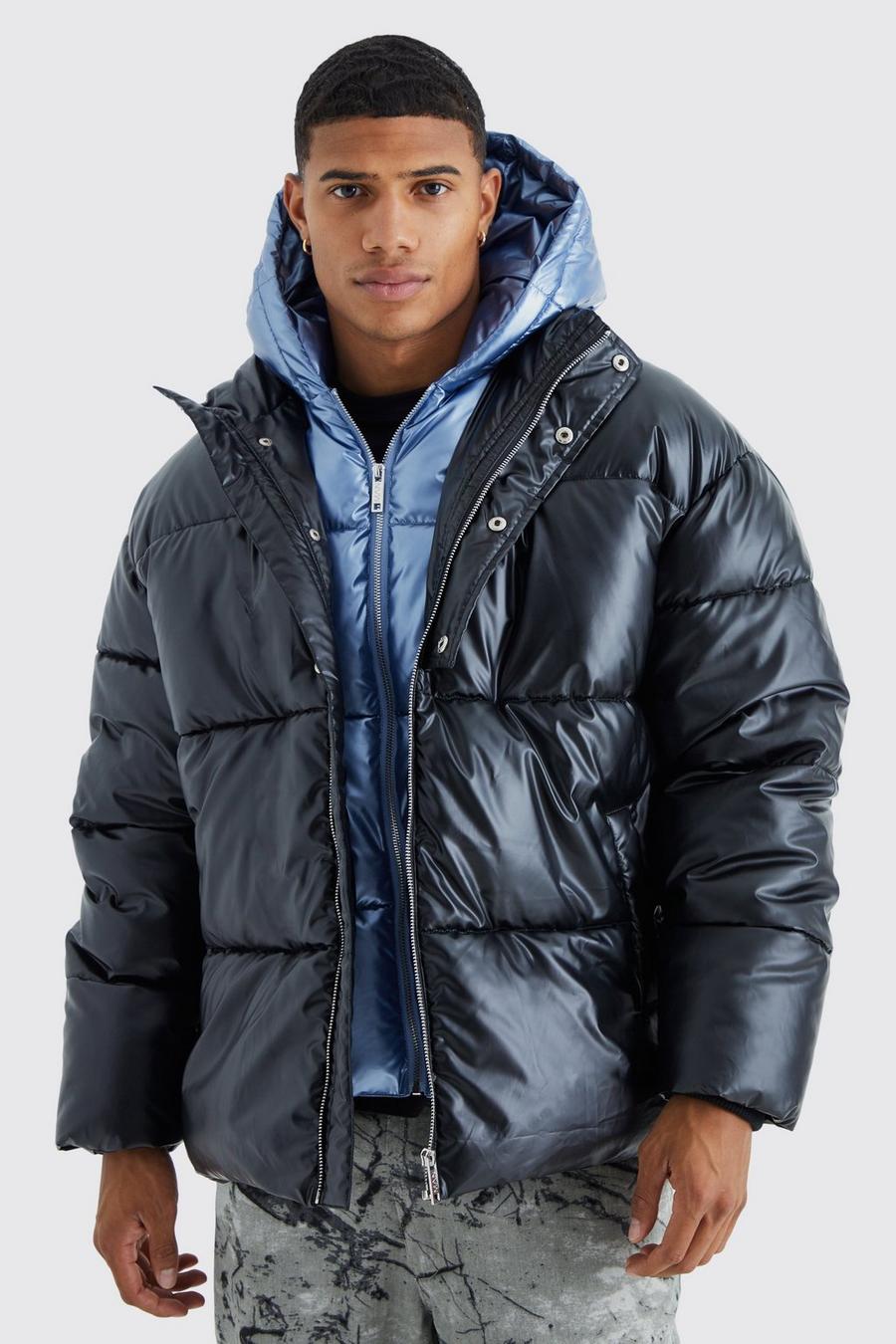 Black Double Layer Metallic Puffer With Hood image number 1