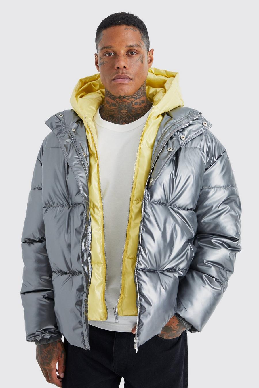Charcoal Double Layer Metallic Puffer With Hood image number 1