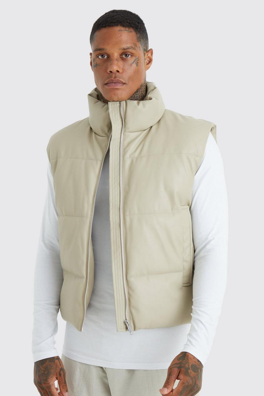 Ecru blanc Pu Funnel Neck Quilted Gilet