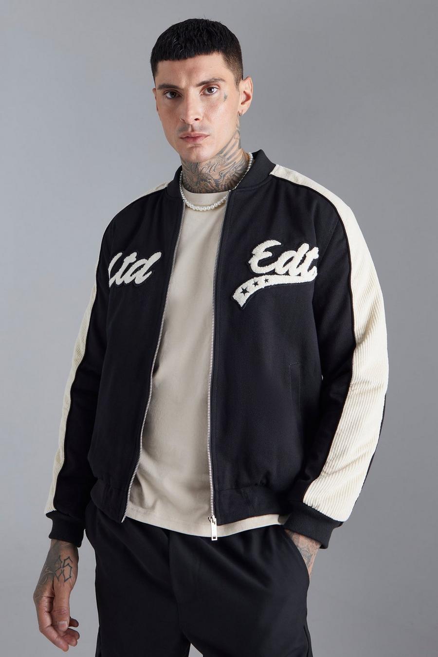 Giacca stile Varsity in velluto a coste e twill con stemmi, Black image number 1