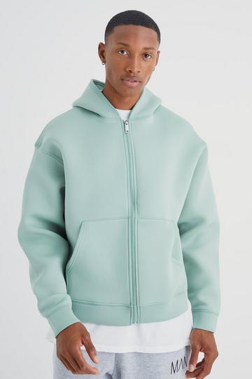 Sage Green Boxy Zip Through Bonded Scuba Hoodie