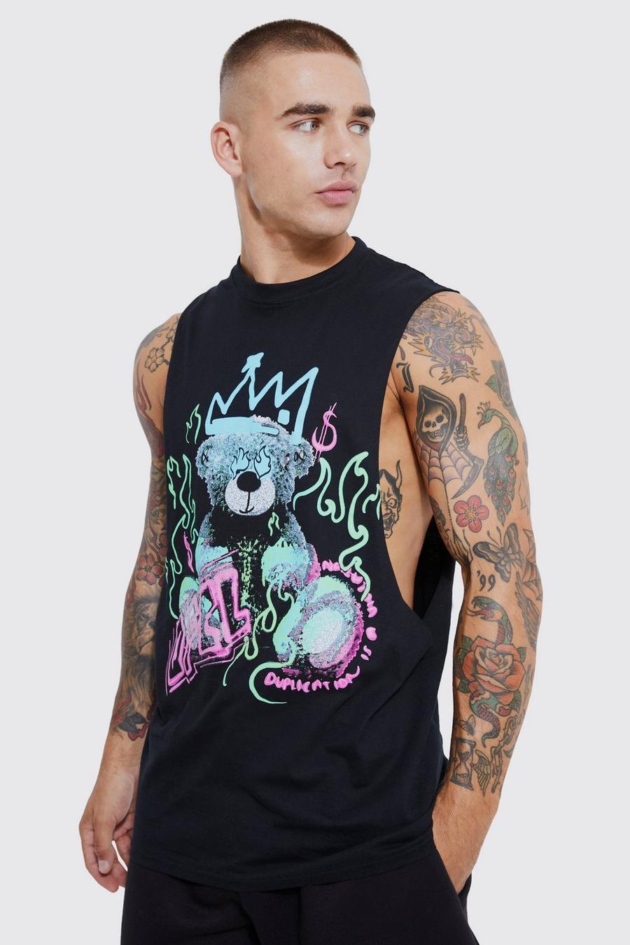 Black Oversized Flame Teddy Graphic Tank image number 1