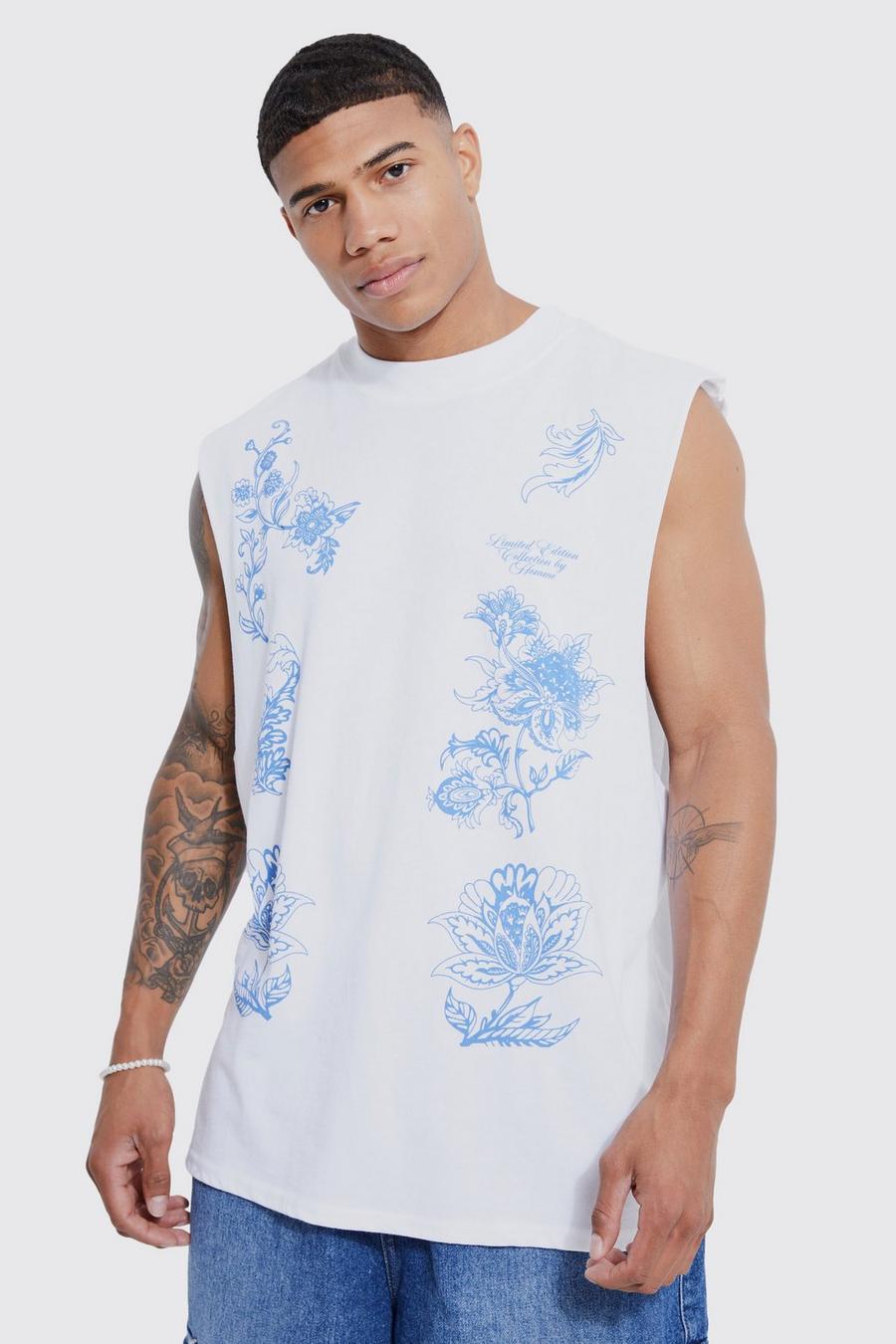 White blanc Oversized Floral Stencil Graphic Tank