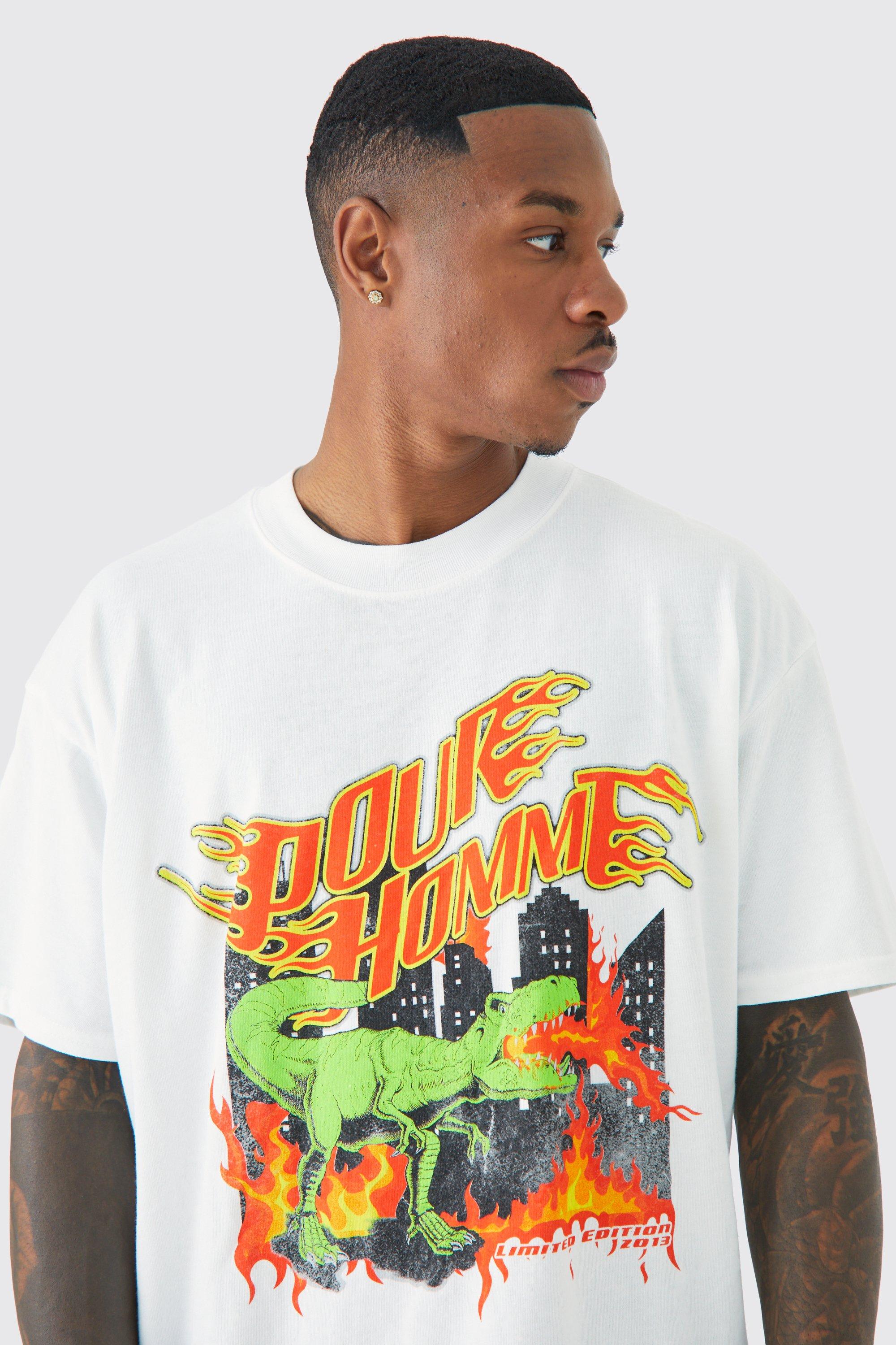 Oversized Pour Homme Dinosaur Flames T shirt boohoo