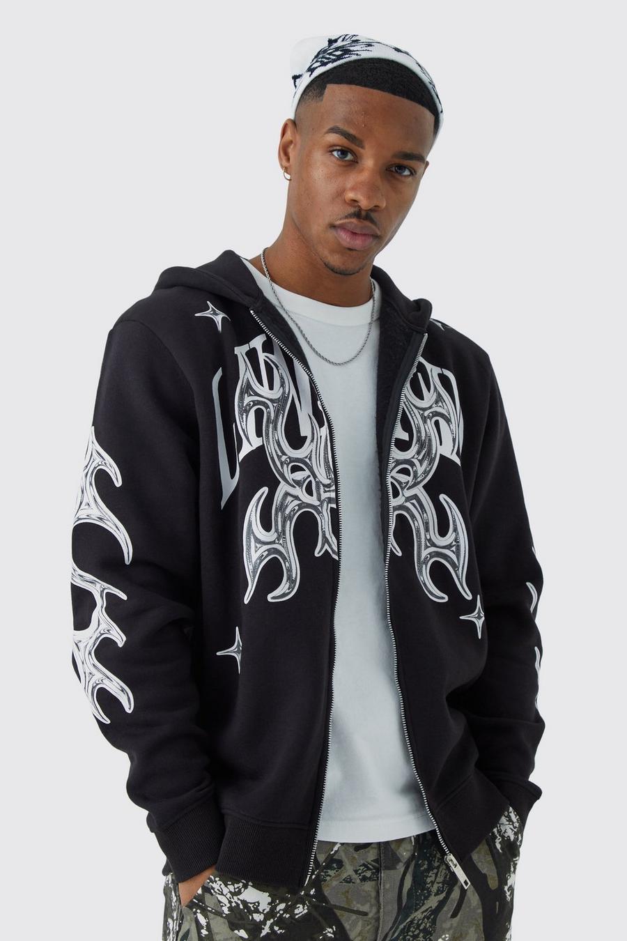 Black Oversized Zip Through Limited Graphic Hoodie image number 1