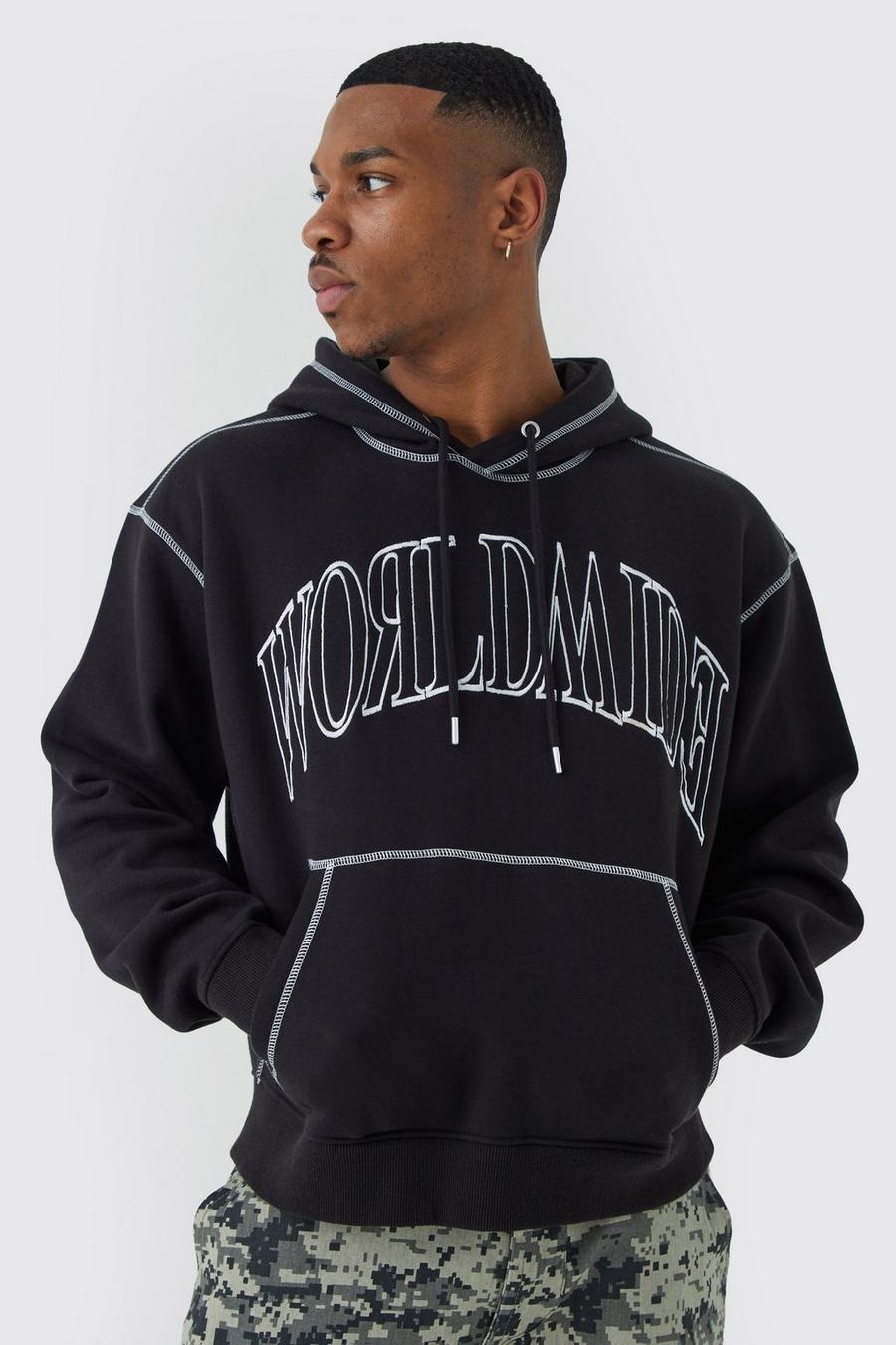 Black Oversized Worldwide Contrast Stitch Hoodie image number 1