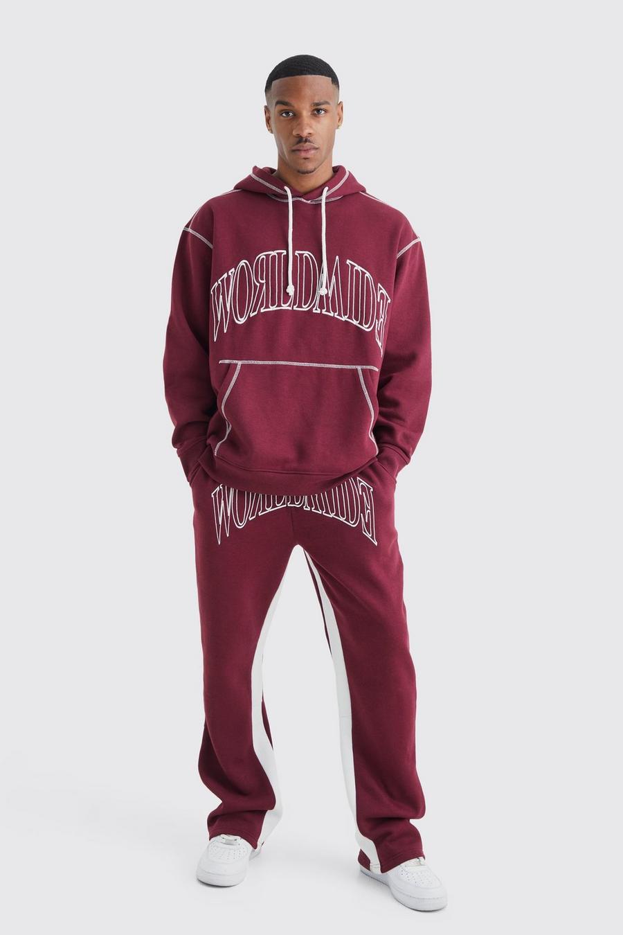 Burgundy Oversized Worldwide Contrast Stitch Hooded Gusset Tracksuit image number 1