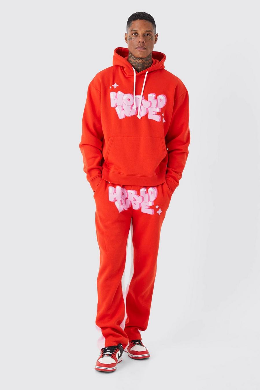 Red röd Oversized Boxy Worldwide Gusset Hooded Tracksuit