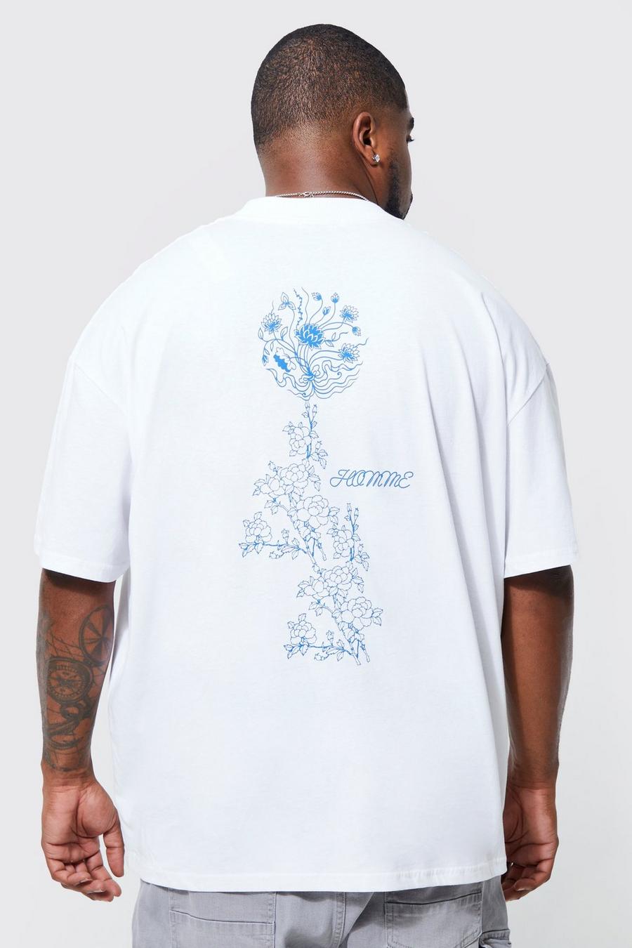White Plus Oversized Extended Neck Floral T-shirt