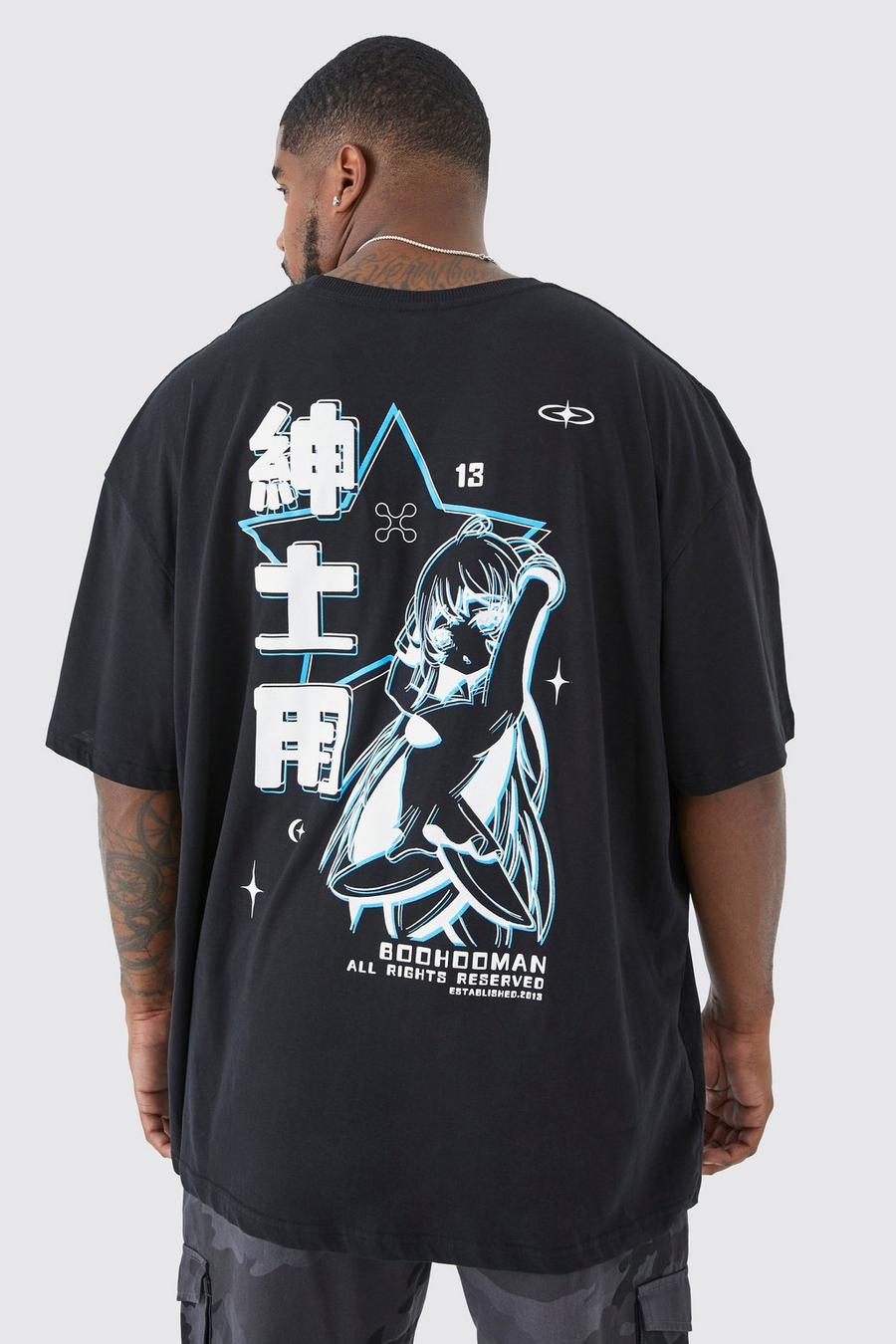 Black Plus Oversized Anime Back Print T-shirt