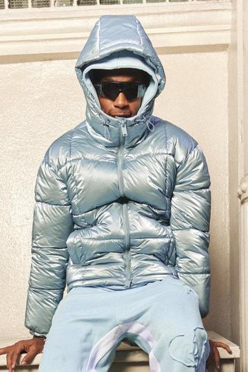 Blue Metallic Square Quilted Puffer