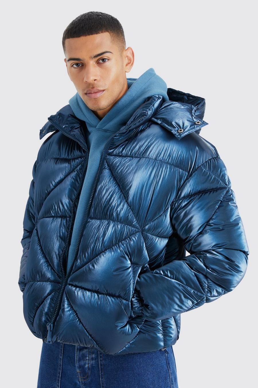 Blue Metallic Boxy Quilted Puffer