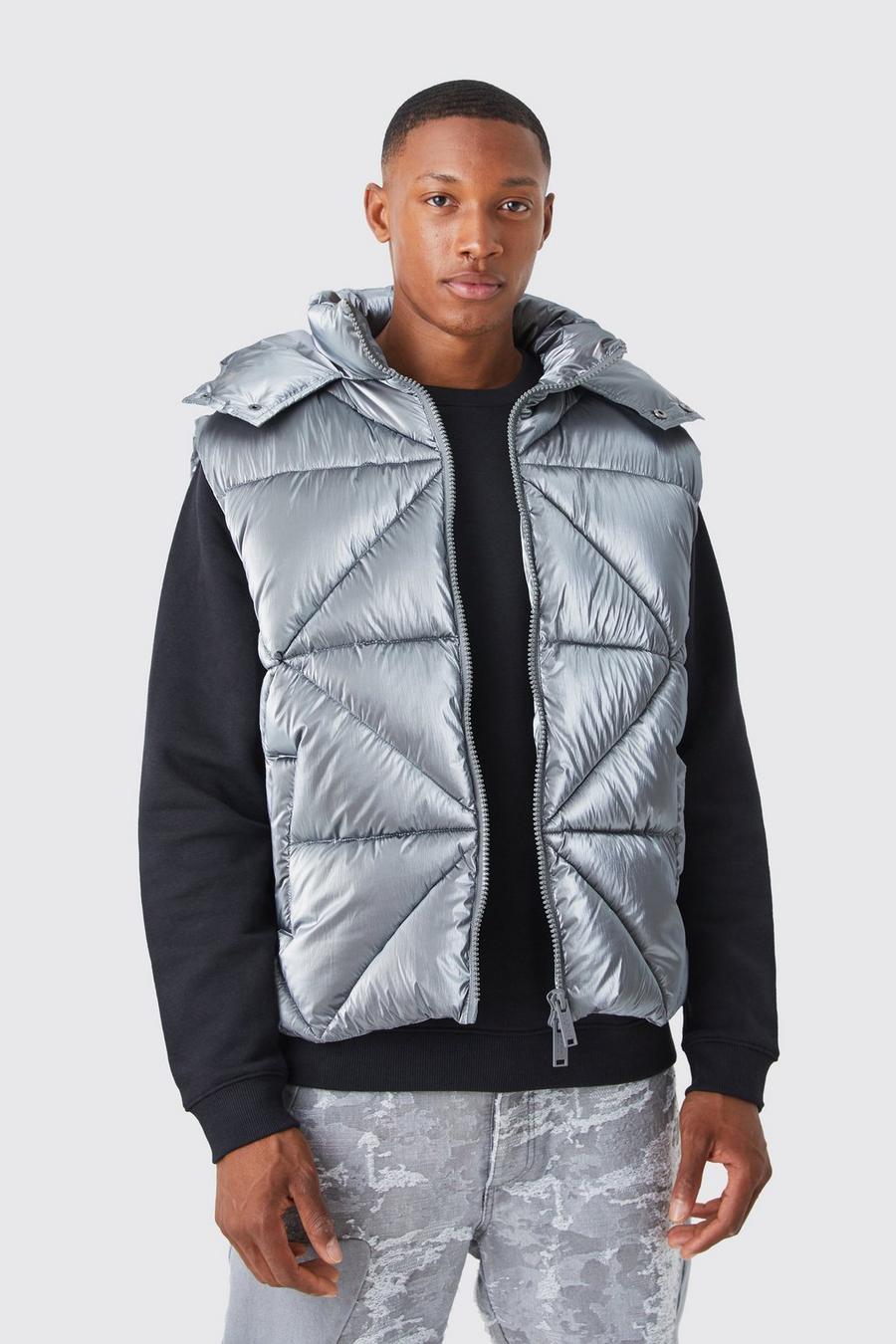 Charcoal Metallic Quilted Vest With Hood