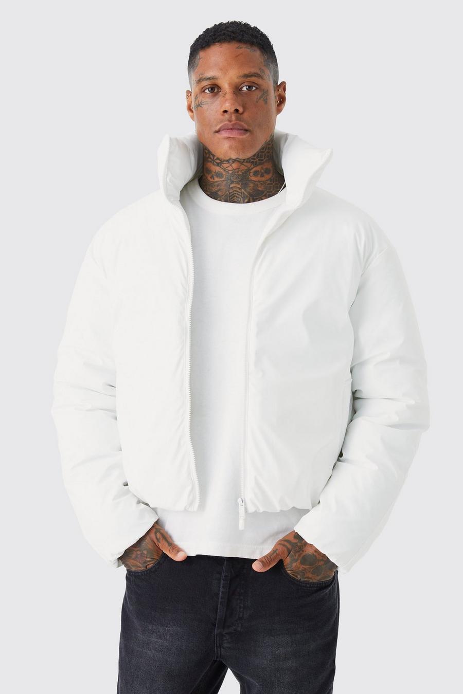 White Boxy Funnel Neck Coated Puffer image number 1