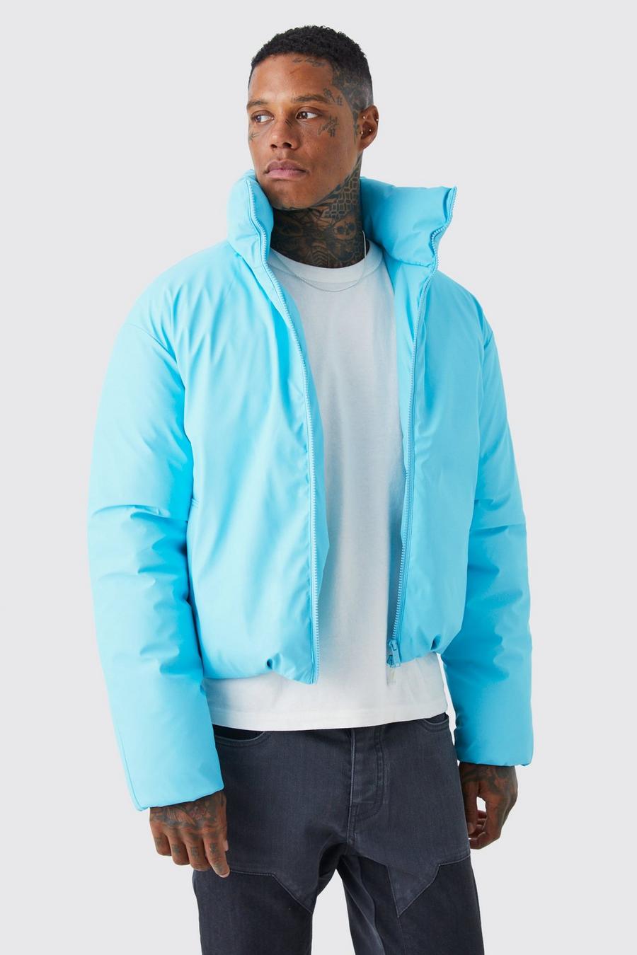 Blue Boxy Funnel Neck Coated Puffer image number 1