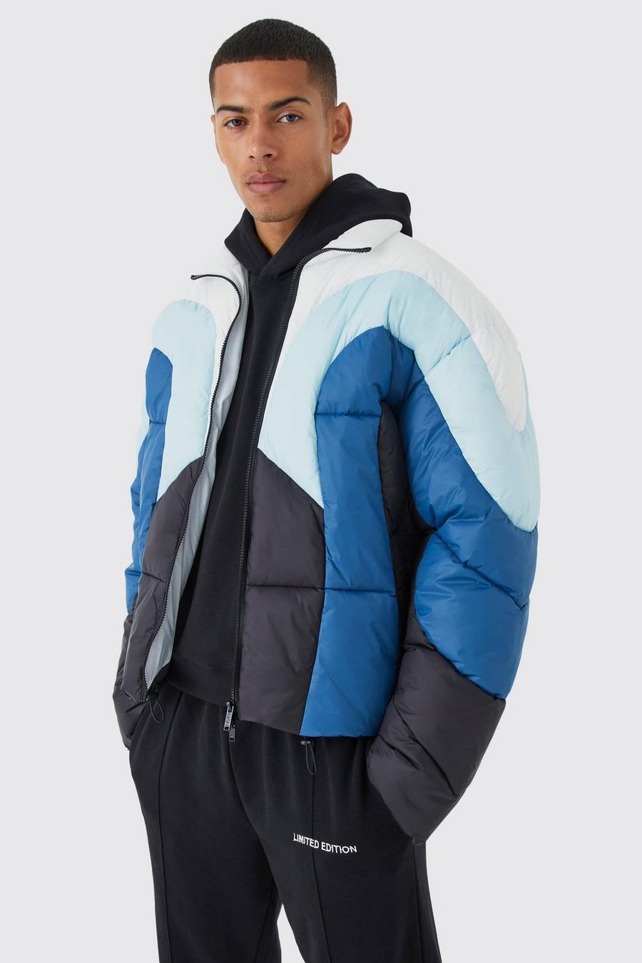Blue Colour Block Curved Panel Puffer