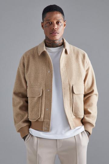 Beige Boxy Melton Collared Bomber