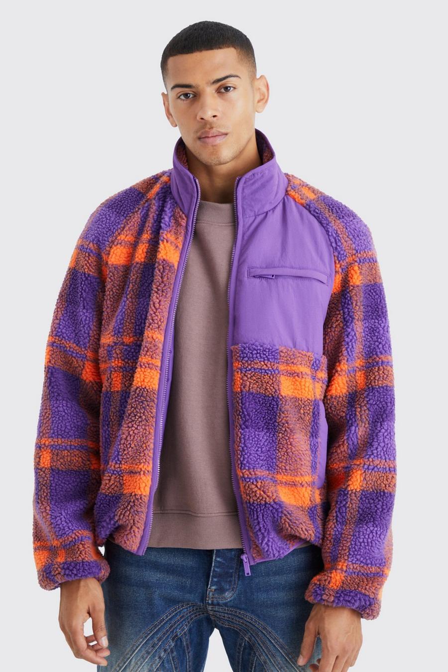 Veste à carreaux en polaire avec empiècement en nylon, Purple image number 1