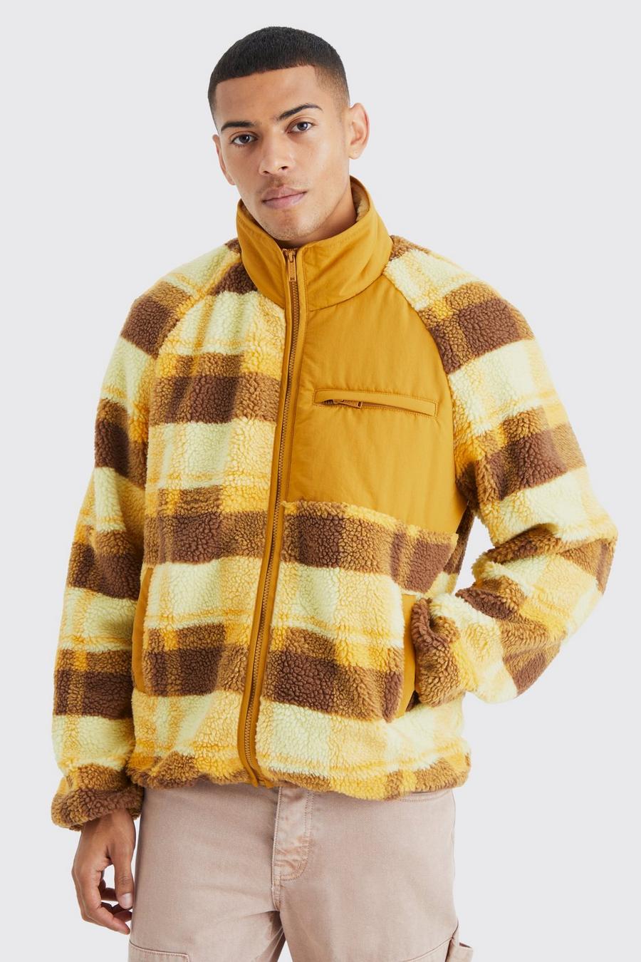 Veste à carreaux en polaire avec empiècement en nylon, Yellow image number 1