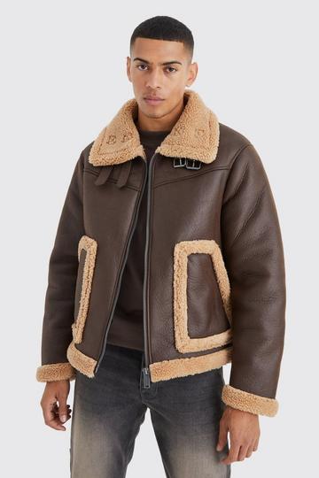 PU Aviator Jacket Met Nepwollen Zoom brown