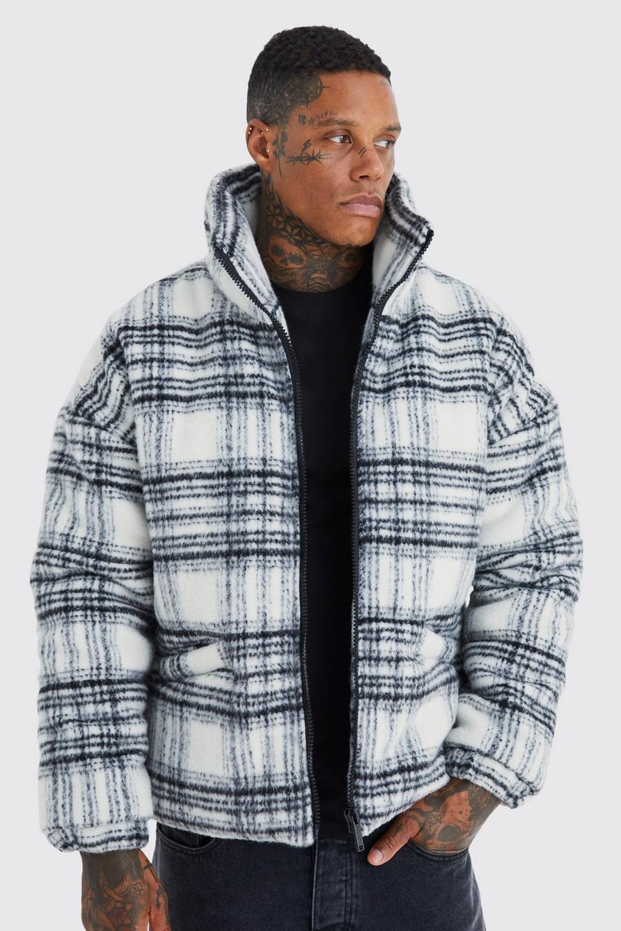 White Brushed Check Funnel Neck Puffer image number 1