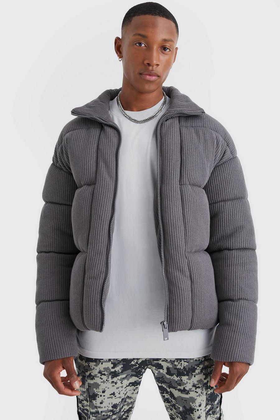 Grey Chunky Knitted Funnel Neck Puffer image number 1