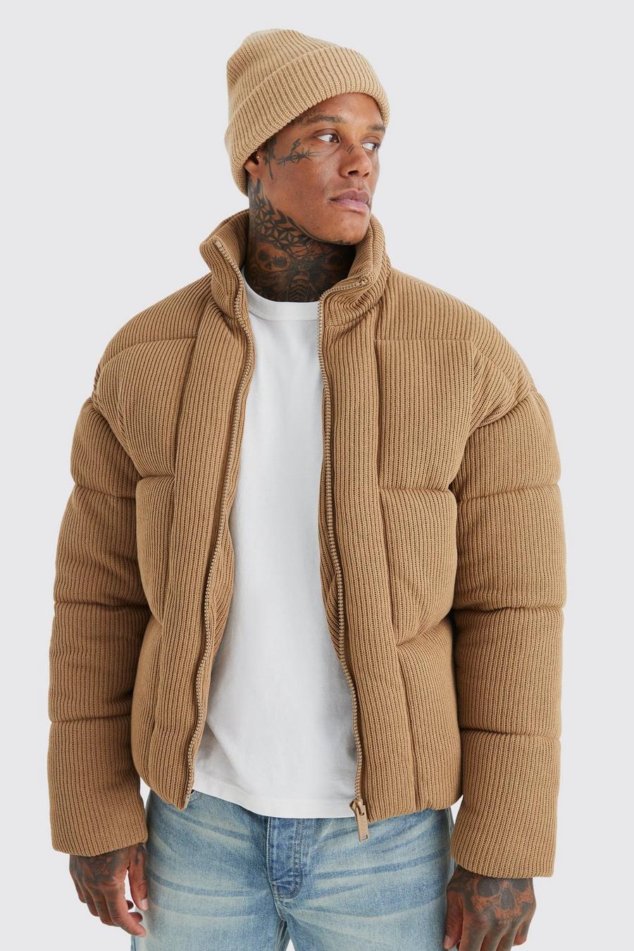 Tan marrón Chunky Knitted Funnel Neck Puffer