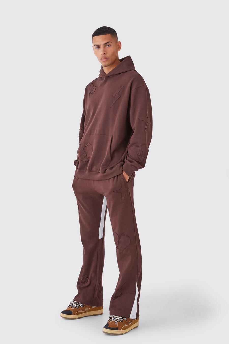 Chocolate Oversized Raw Applique Hooded Gusset Tracksuit