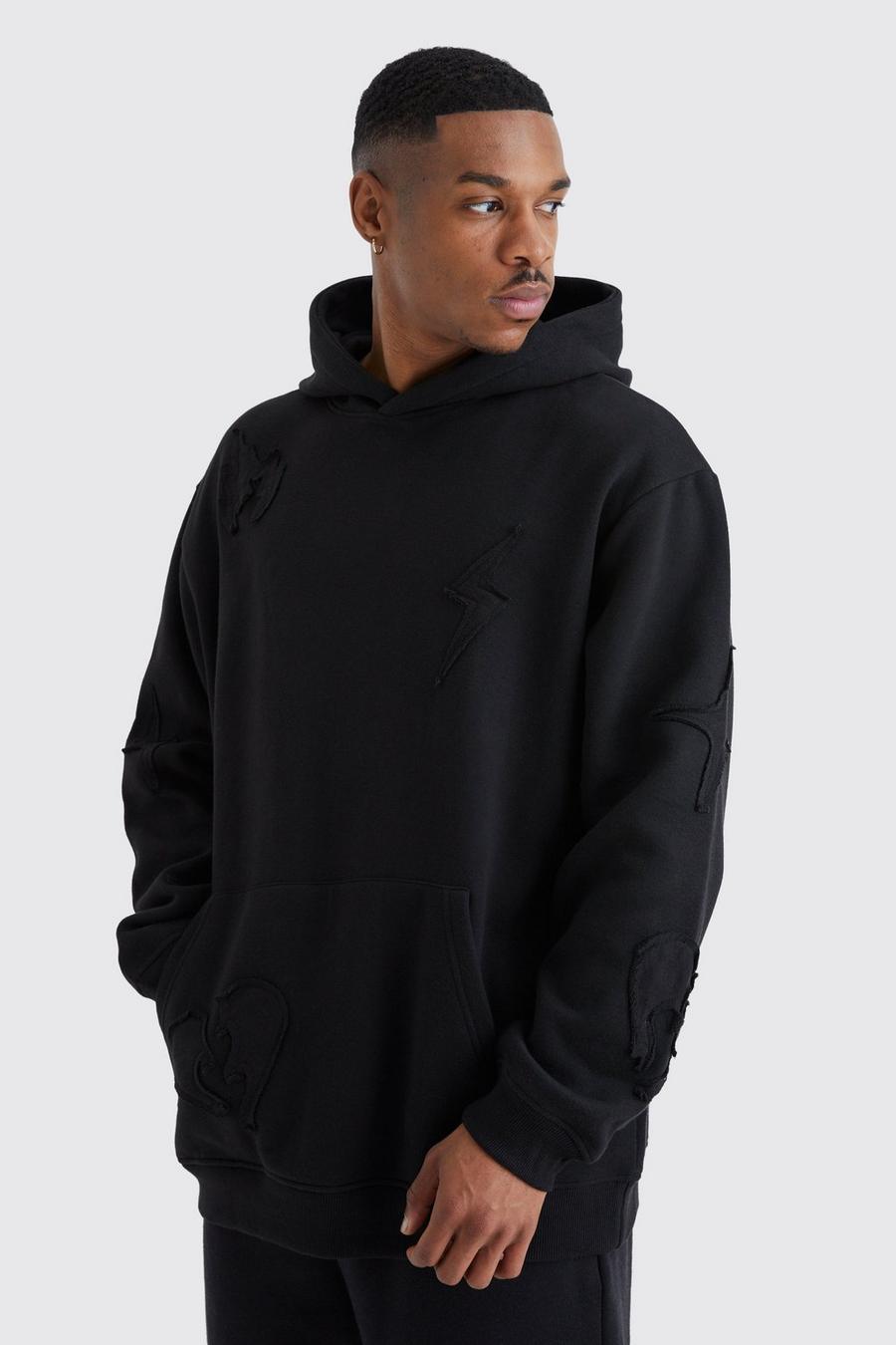 Black Oversized Raw Applique Hoodie image number 1