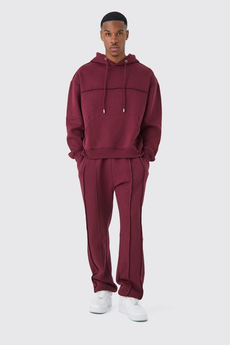 Burgundy red Oversized Boxy Seam Detail Hooded Tracksuit