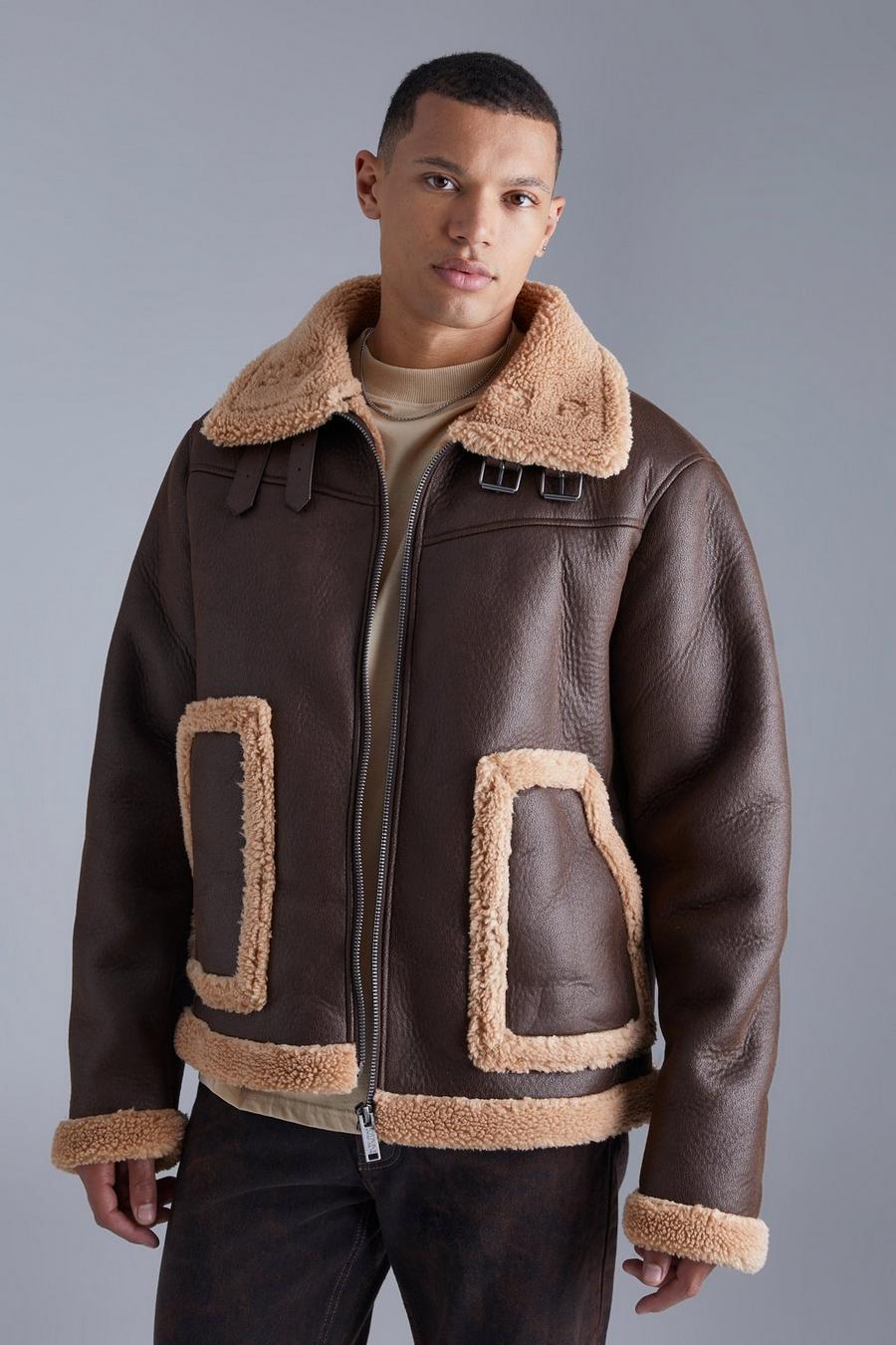 Brown Tall Bonded Pu Aviator With Borg Trims image number 1